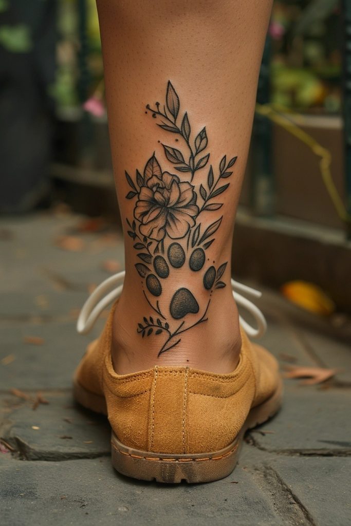 Paw Print with Flowers Tattoo