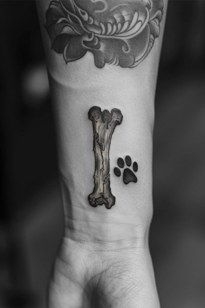 Tiny Bone with Paw Print Tattoo