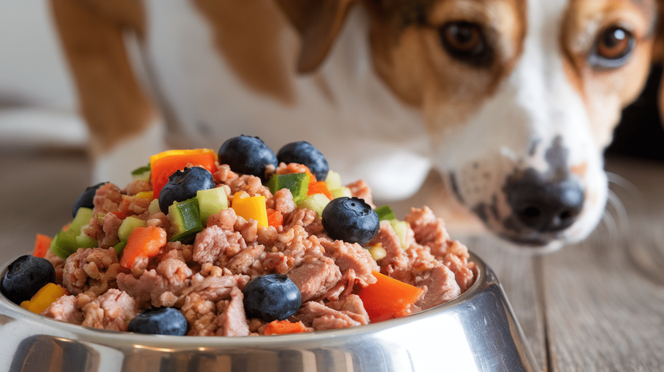 Homemade dog food with ground turkey, spinach, carrots, and blueberries in a bowl, ready to serve to a happy dog.