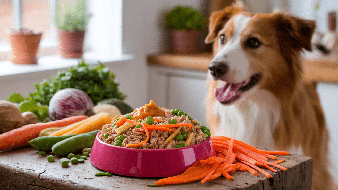 Wholesome homemade dog food in a bowl with ground turkey and fresh vegetables, with a dog eagerly waiting.