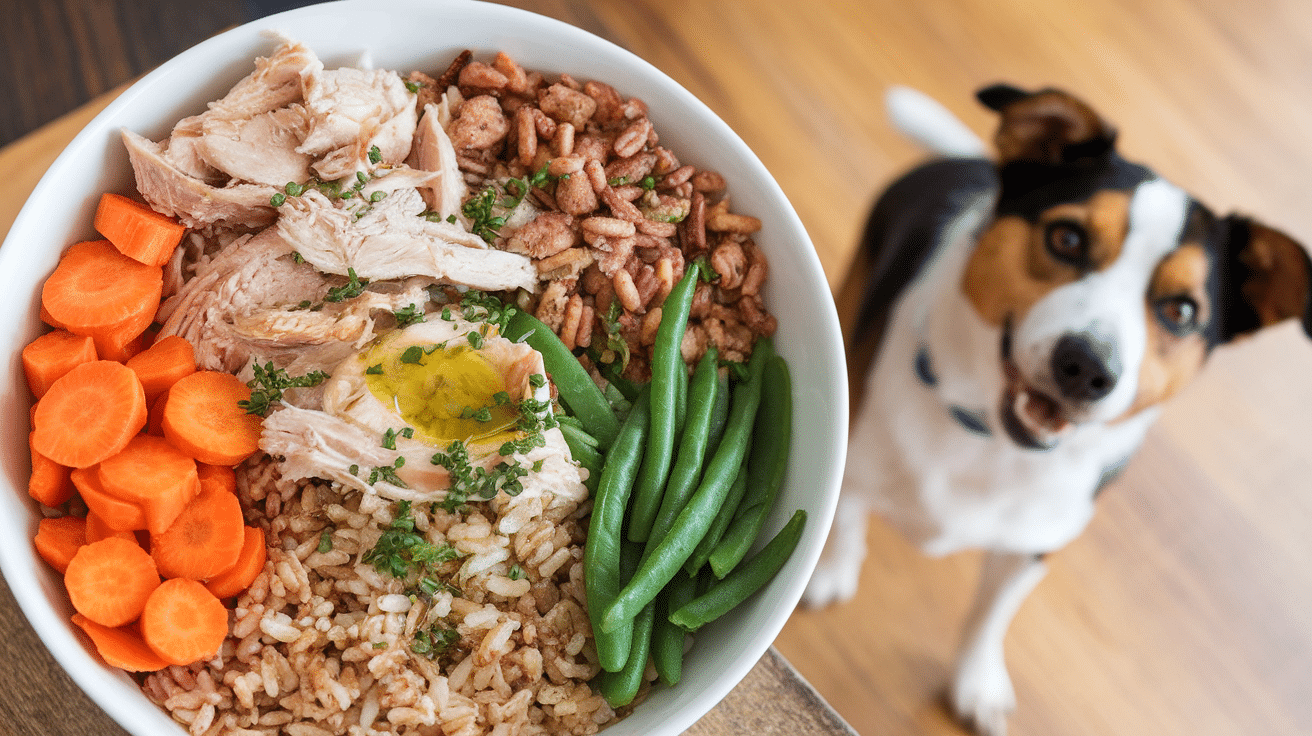 A colorful bowl of nutritious homemade dog food for senior dogs, showcasing chicken, rice, carrots, and green beans.
