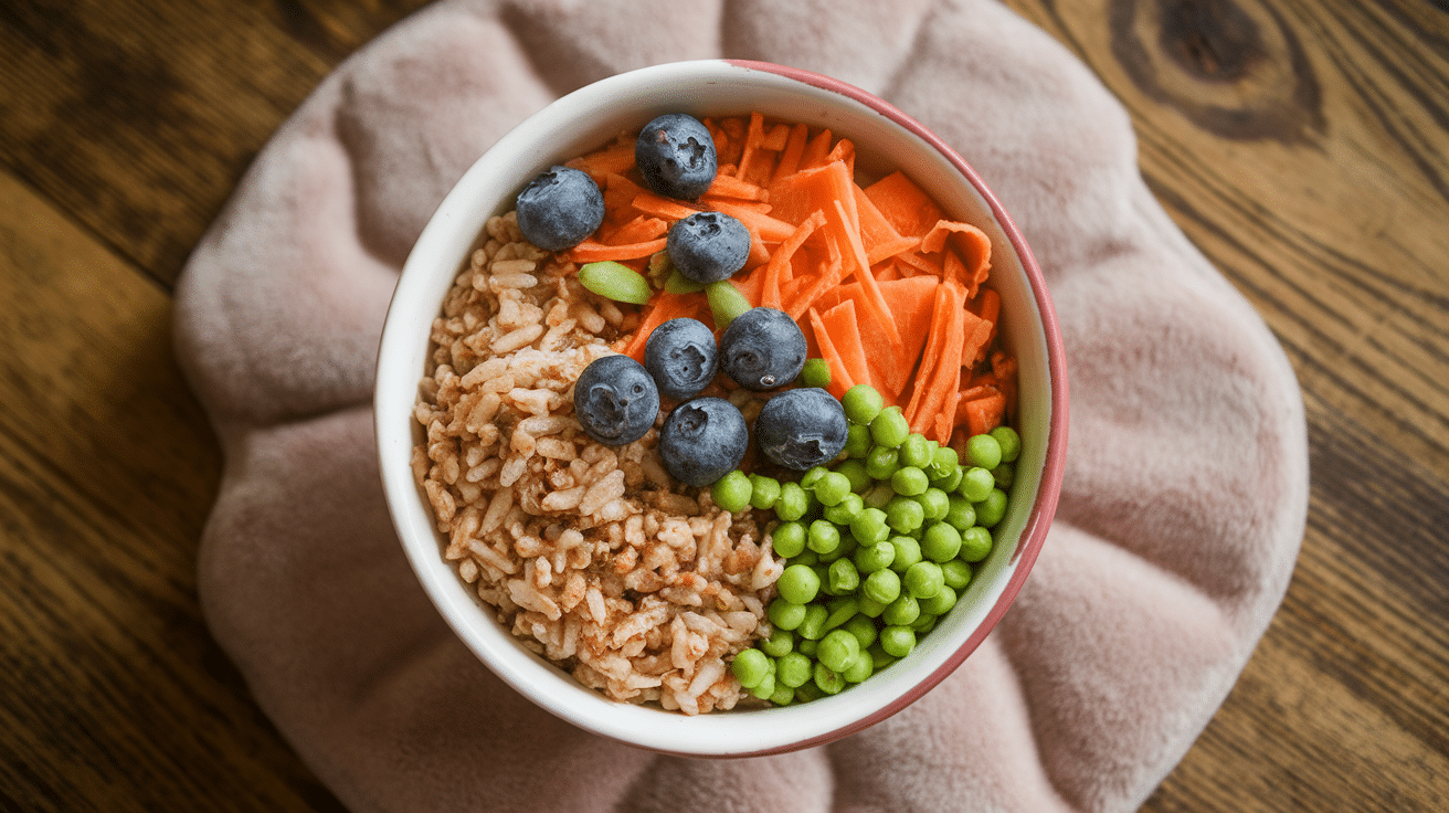 Homemade dog food in a bowl with brown rice, turkey, carrots, peas, and blueberries on a wooden table.