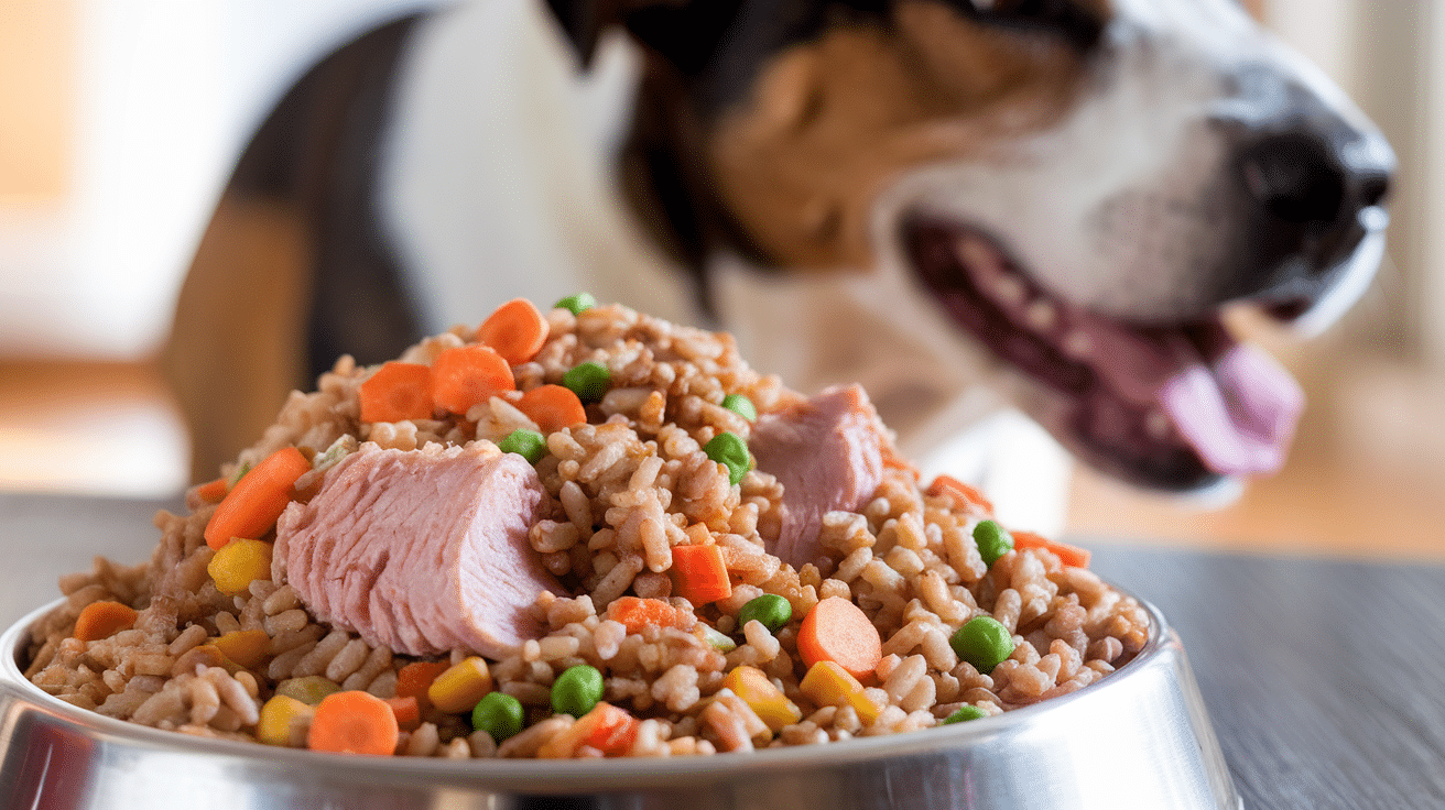 A nutritious bowl of natural joint-supporting dog food with turkey, rice, and vegetables, ready for a happy dog.