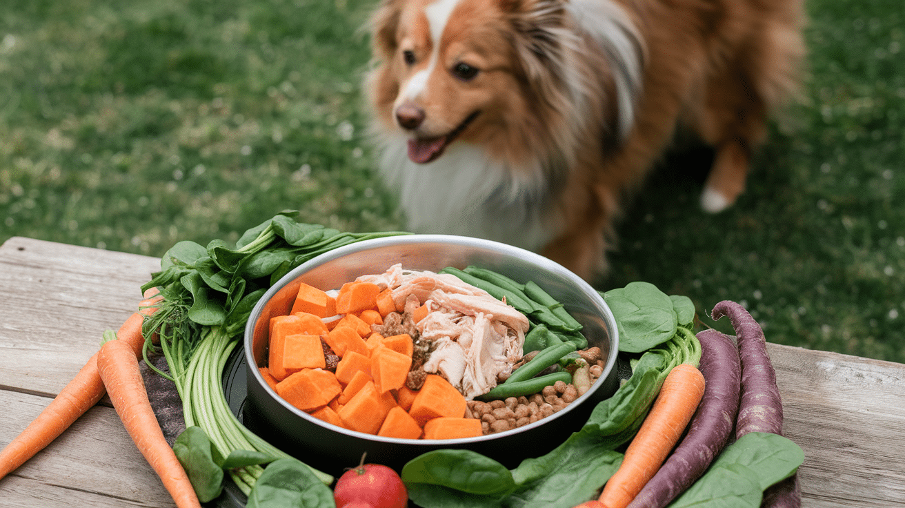 Bowl of homemade dog food with sweet potatoes, green beans, and chicken, with a dog in the background.
