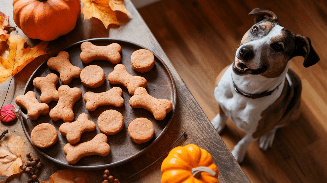 Homemade Peanut Butter Pumpkin Bites for Dogs Peanut butter pumpkin bites dog treats in bone and circle shapes on a wooden table with a dog and autumn decorations.