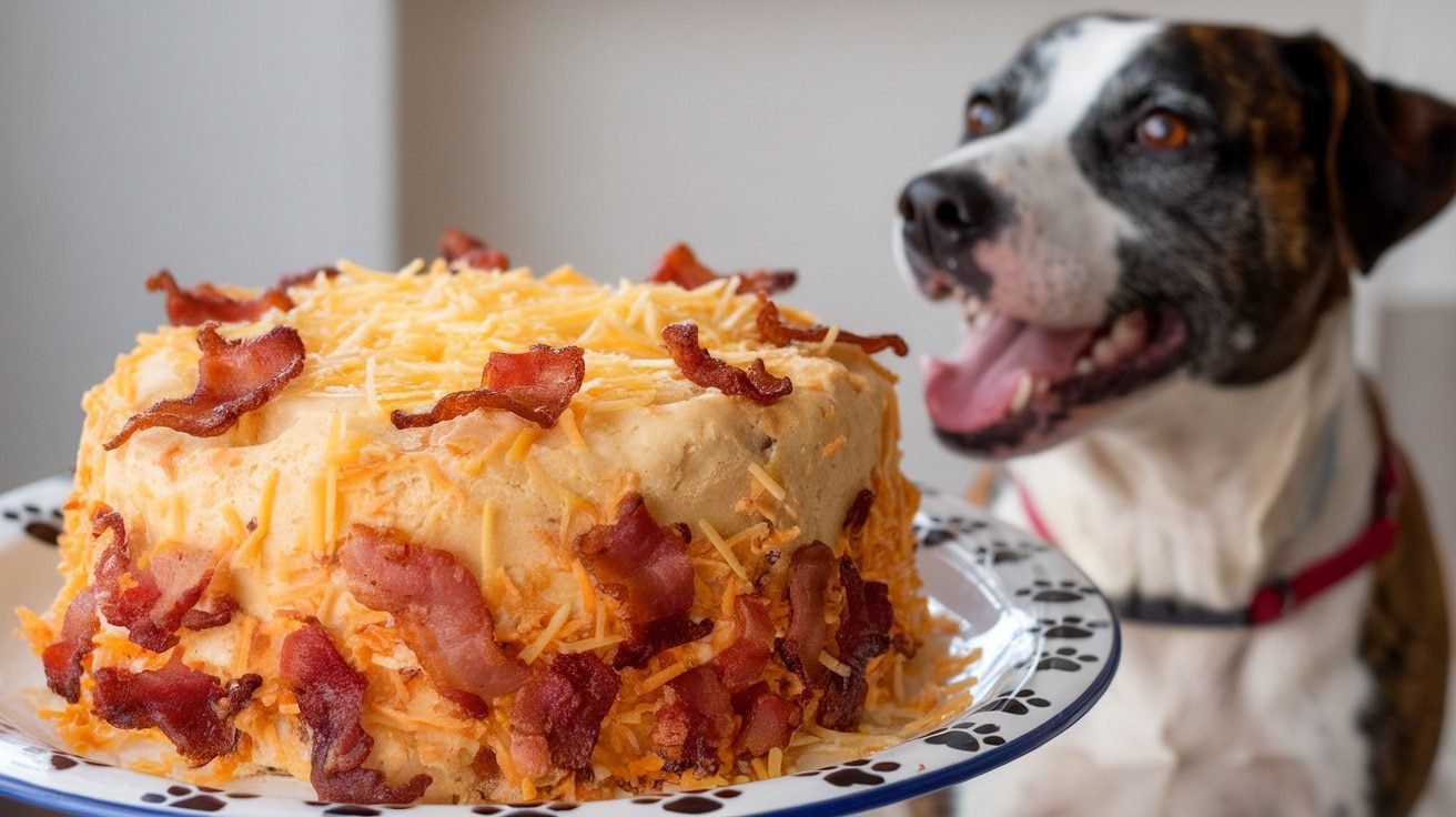Cheesy Bacon Delight Cake for Dogs A delicious Cheesy Bacon Cake for dogs on a dog-themed plate, garnished with cheese and bacon, with an excited dog in the background.