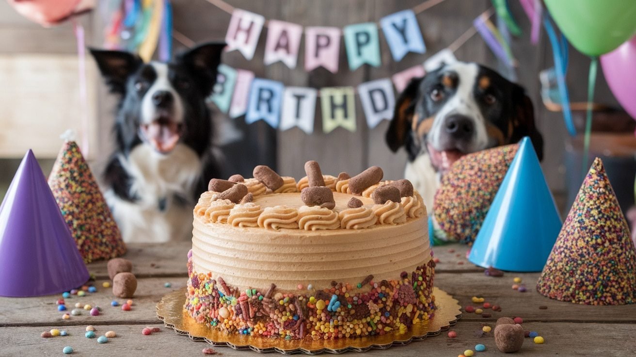 A beefy birthday cake for dogs with peanut butter frosting and dog treats, decorated in a festive setting.