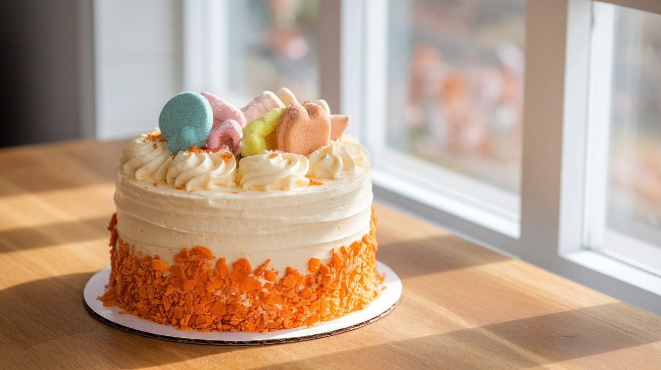 Delicious Sweet Potato Smash Cake for Dogs A sweet potato cake for dogs, with yogurt frosting and dog treats, on a rustic table.
