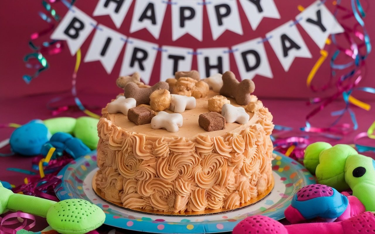 A peanut butter dog cake decorated with treats for a dog