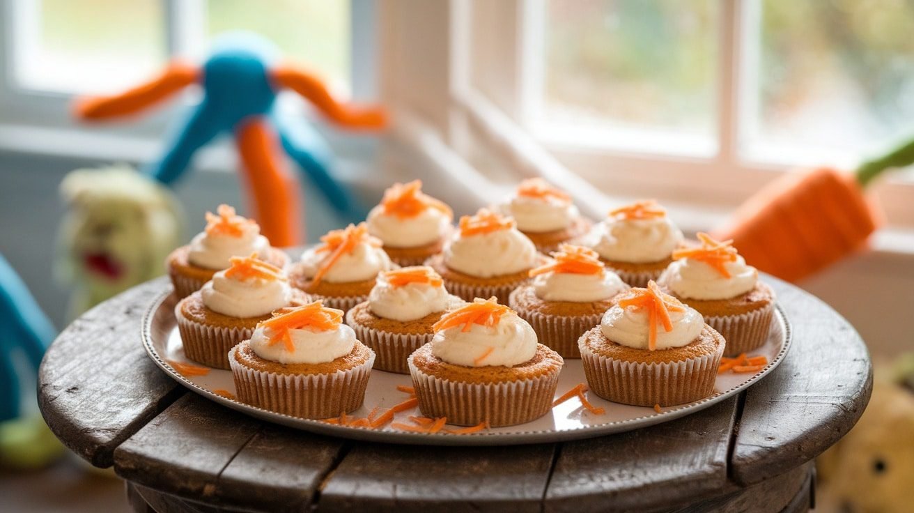Homemade Cheese and Carrot Pupcakes for dogs with cream cheese frosting and carrots on a wooden table.