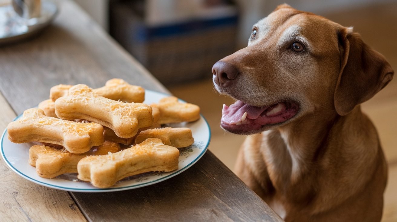 A plate of Cheddar and Apple Dog Treats shaped like bones, with a dog waiting eagerly beside them.