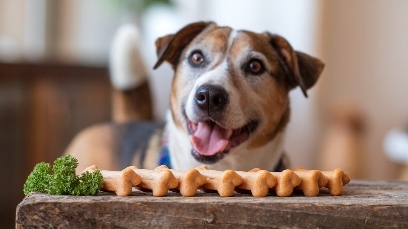 A happy dog looking at homemade bacon and potato dog treats shaped like bones, on a wooden surface.