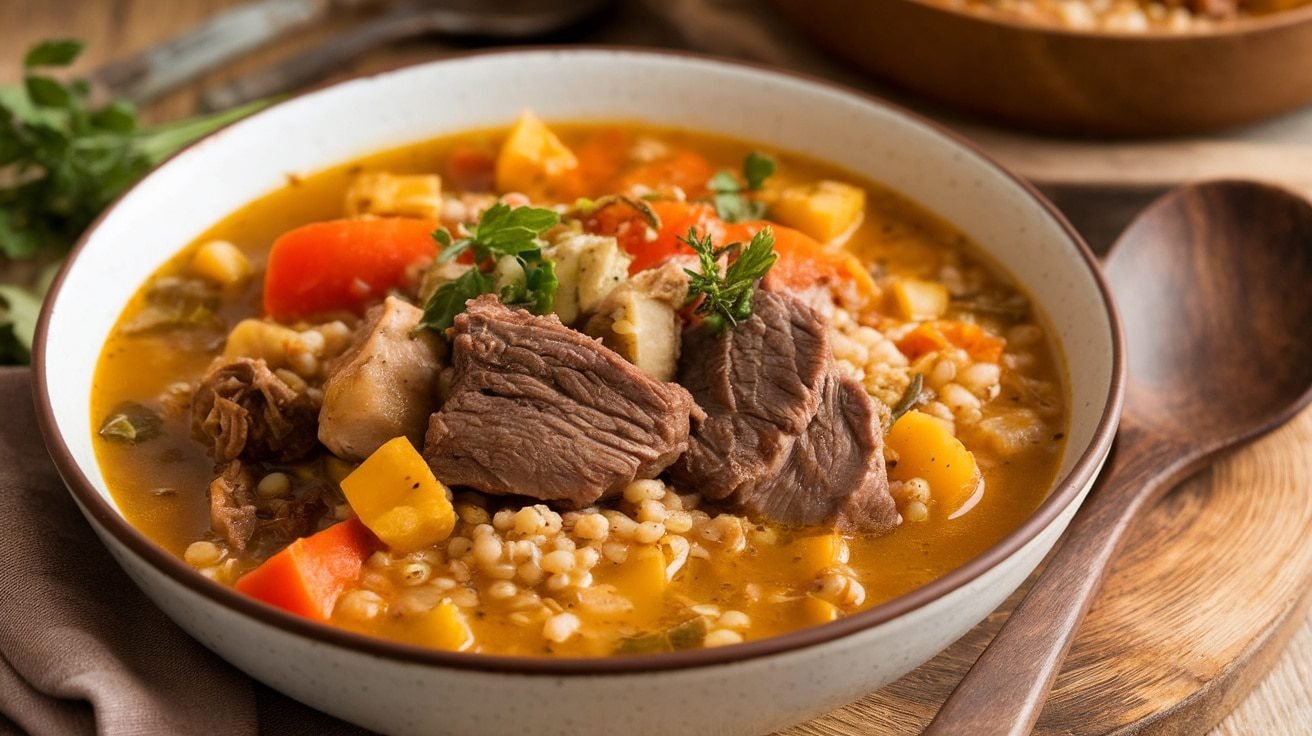 A comforting bowl of bone broth stew with meat, vegetables, and grains, garnished with herbs on a rustic table.
