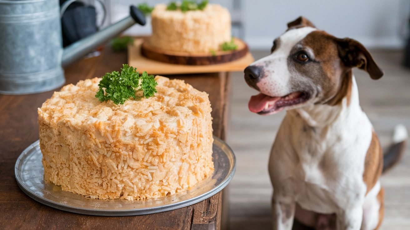 Homemade Chicken and Rice Cake for Dogs A fluffy Chicken and Rice Cake for Dogs on a wooden table, garnished with parsley, with a happy dog in the background.