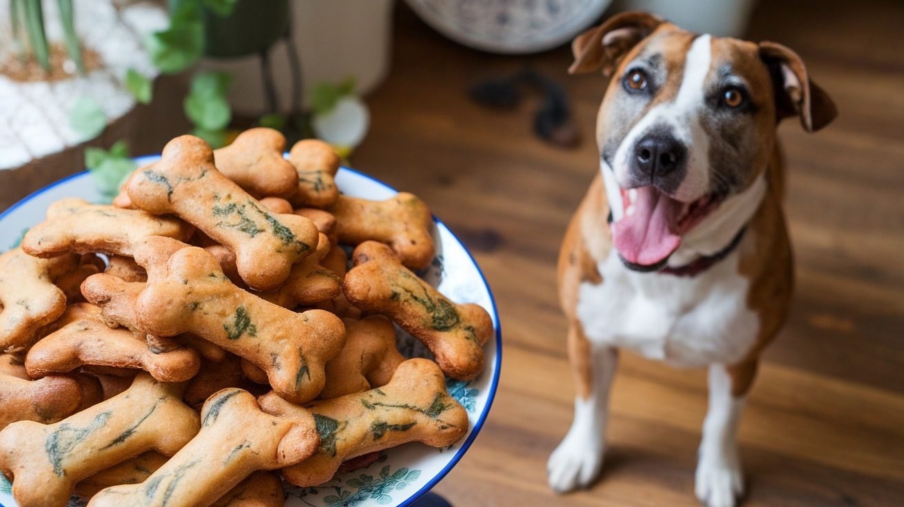 Homemade Turkey and Spinach Dog Treats on a plate with a dog in the background.
