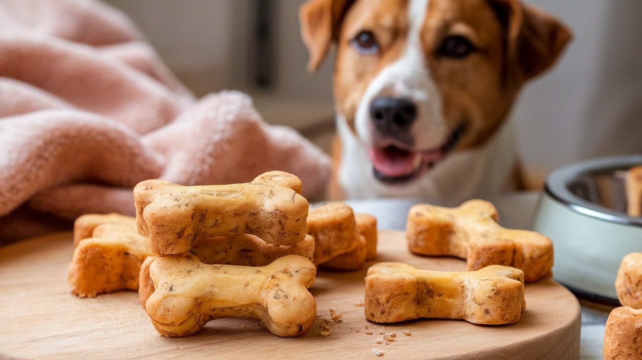 Homemade beef and cheese dog treats shaped like bones on a wooden cutting board, with a happy dog in the background.