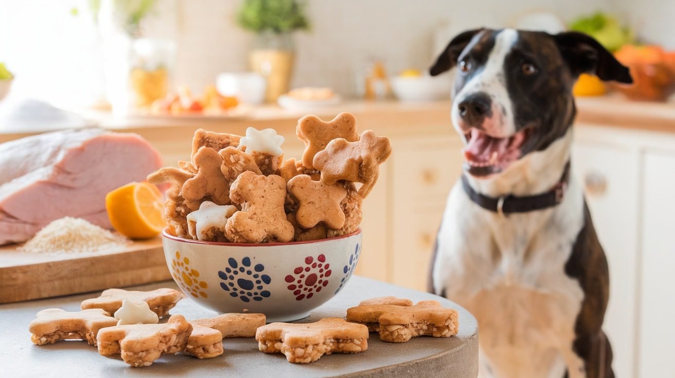 Homemade Turkey and Rice Crunchy Dog Treats in a bowl, with a dog eagerly waiting to enjoy them.