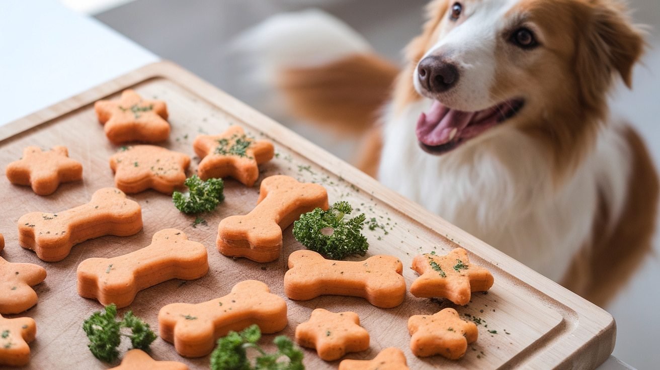 Freshly baked Sweet Potato and Parsley Dog Treats shaped like bones and stars on a wooden board, with a dog in the background.