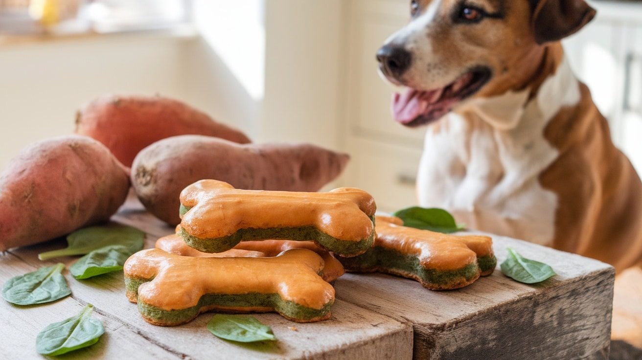 Homemade Sweet Potato and Spinach Dog Treats shaped like bones on a wooden surface, with sweet potatoes and spinach.