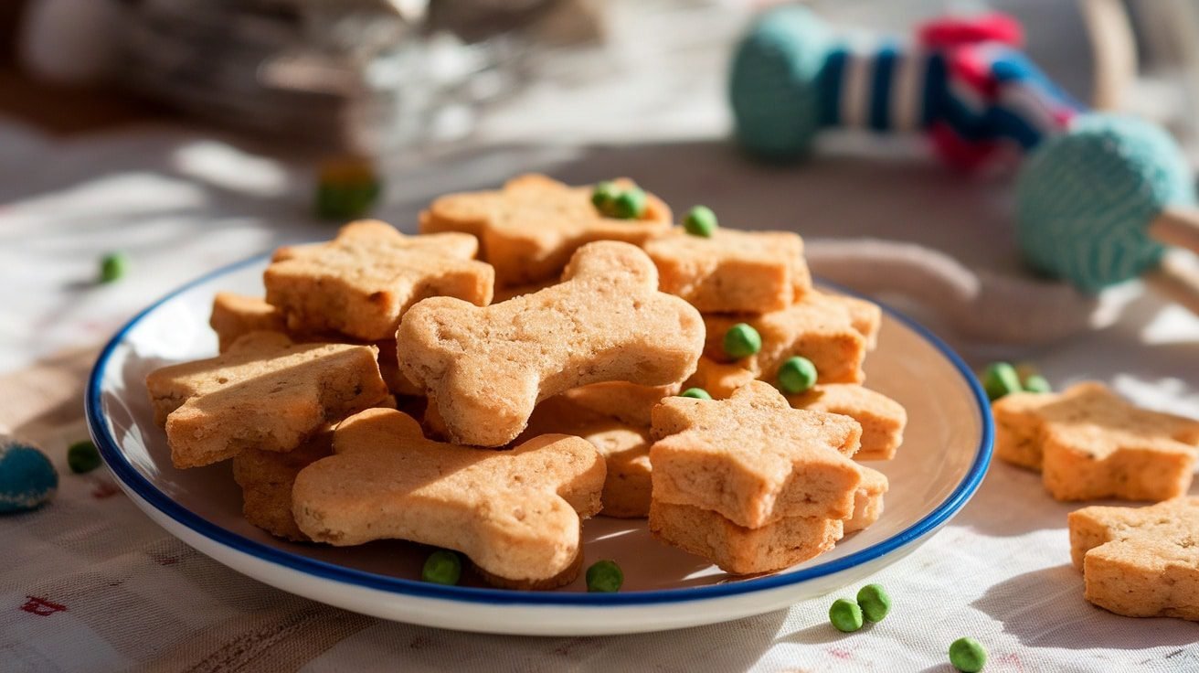 Homemade chicken and pea dog treats shaped like bones on a plate, with peas and a dog toy in the background.