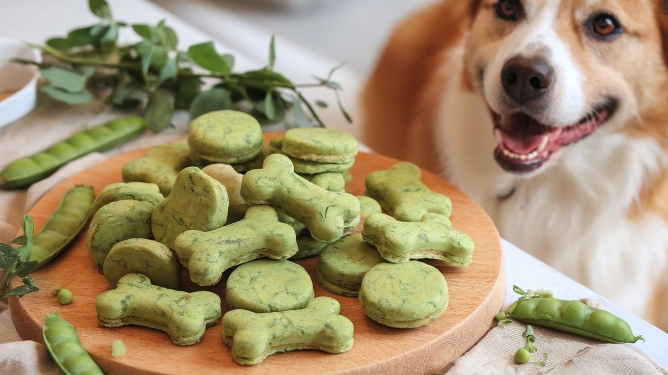 Homemade green pea dog treats shaped like bones on a wooden board with fresh peas.