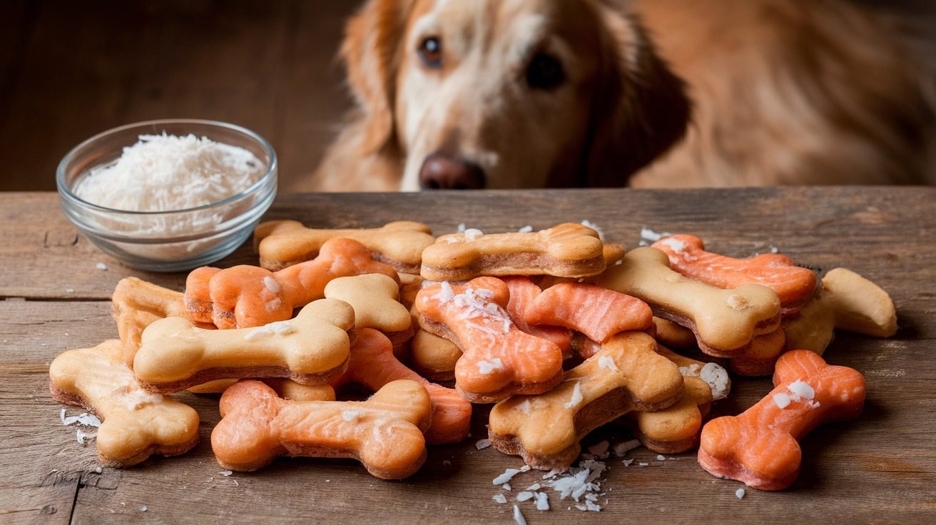 Homemade salmon and coconut dog treats shaped like bones on a wooden table, with a golden retriever in the background.