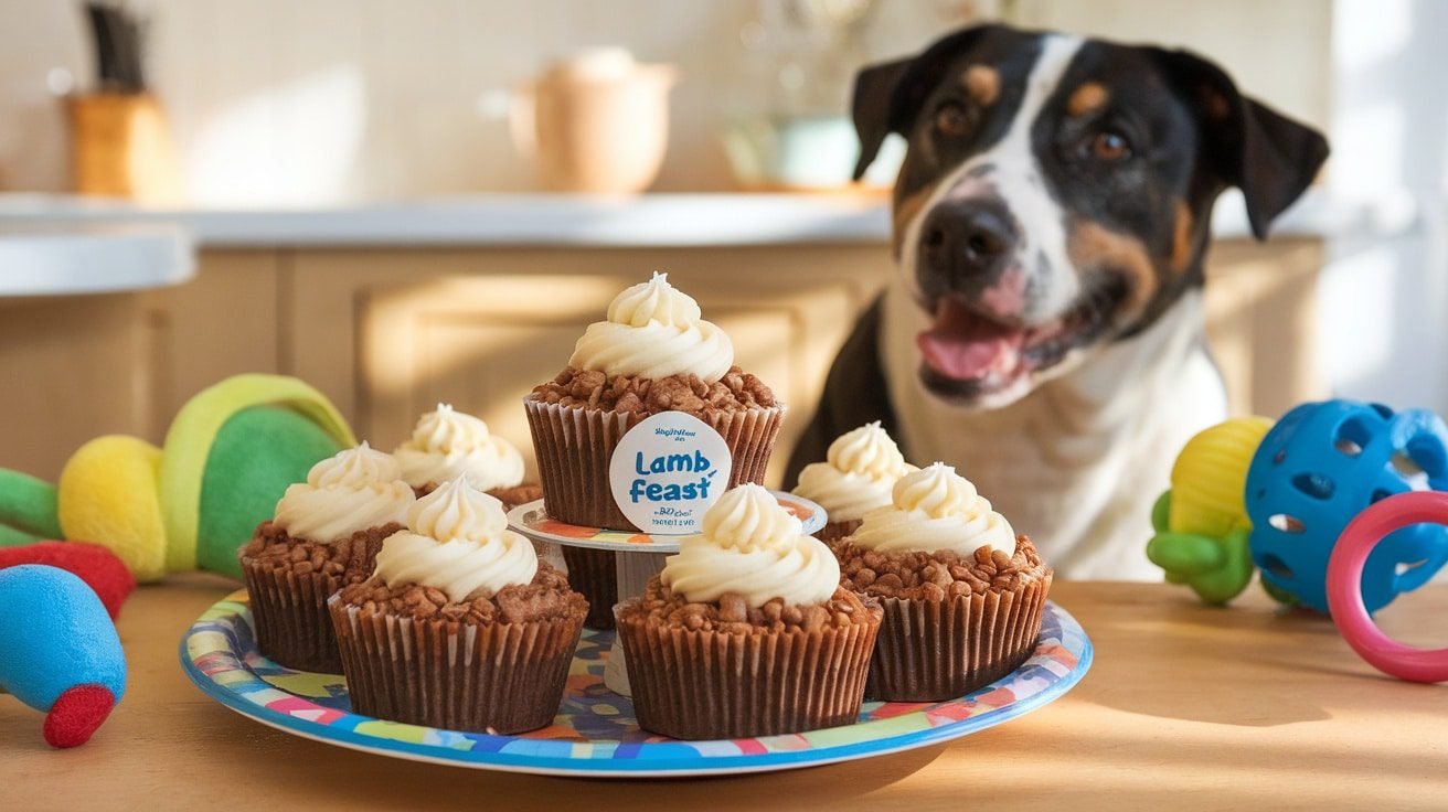 Lamb Feast Pupcakes for Your Furry Friend Lamb Feast Pupcakes for dogs topped with yogurt frosting, served on a colorful plate with a playful dog in the background.