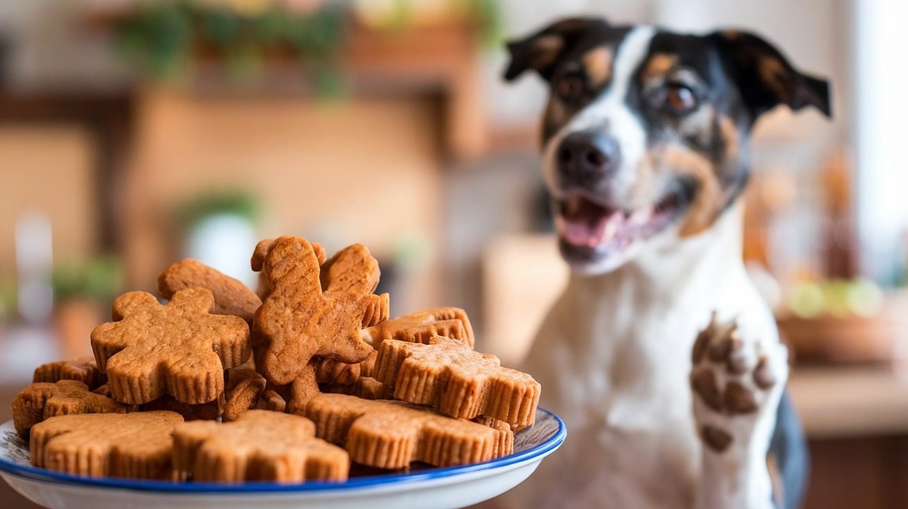 A close-up of homemade carrot and peanut butter dog treats on a plate, with a playful dog in the background.