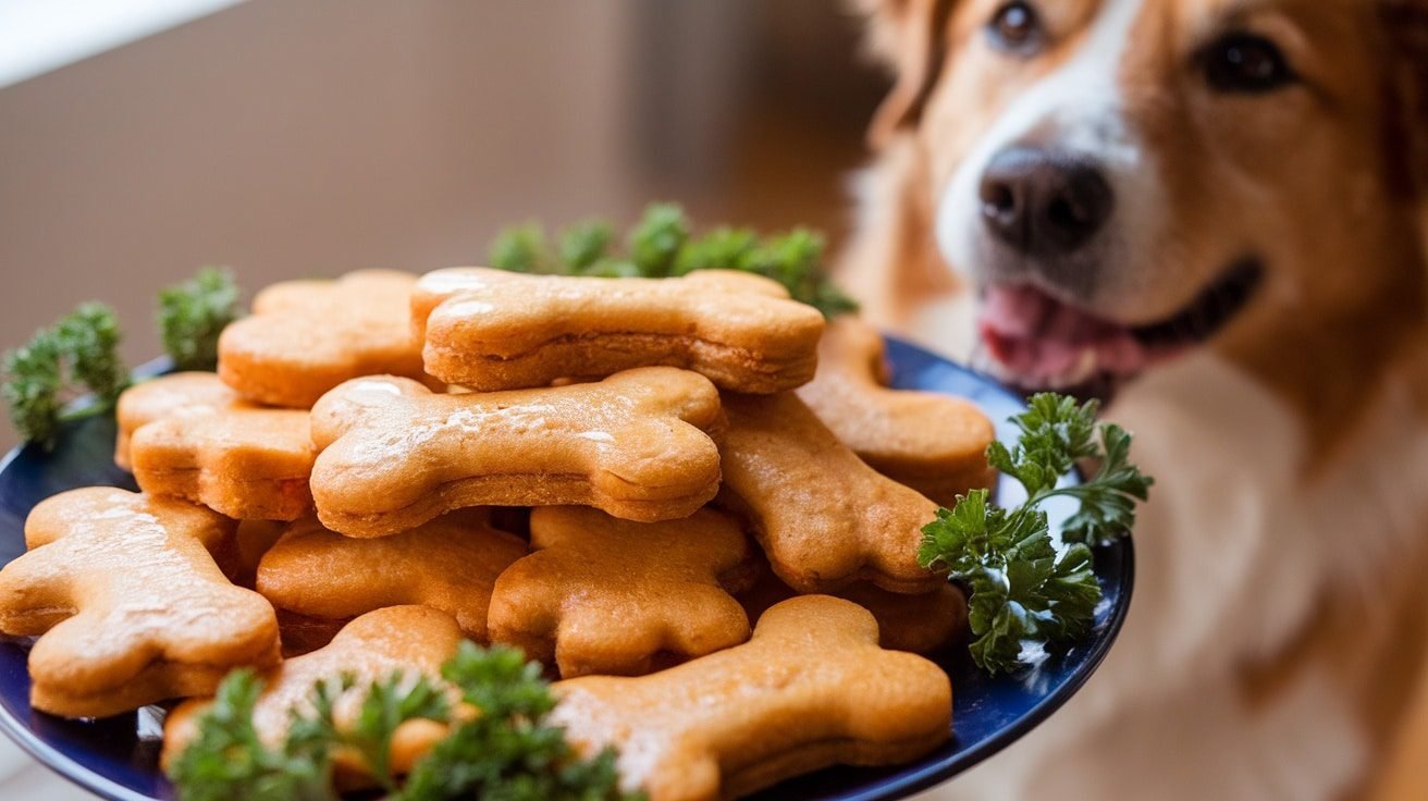 Baked Honey and Pumpkin Dog Treats shaped like bones, served on a plate with a dog looking at them.