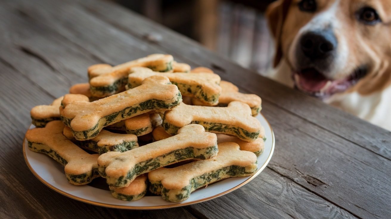 Homemade Spinach and Cheddar Dog Treats on a rustic plate, with a dog in the background.