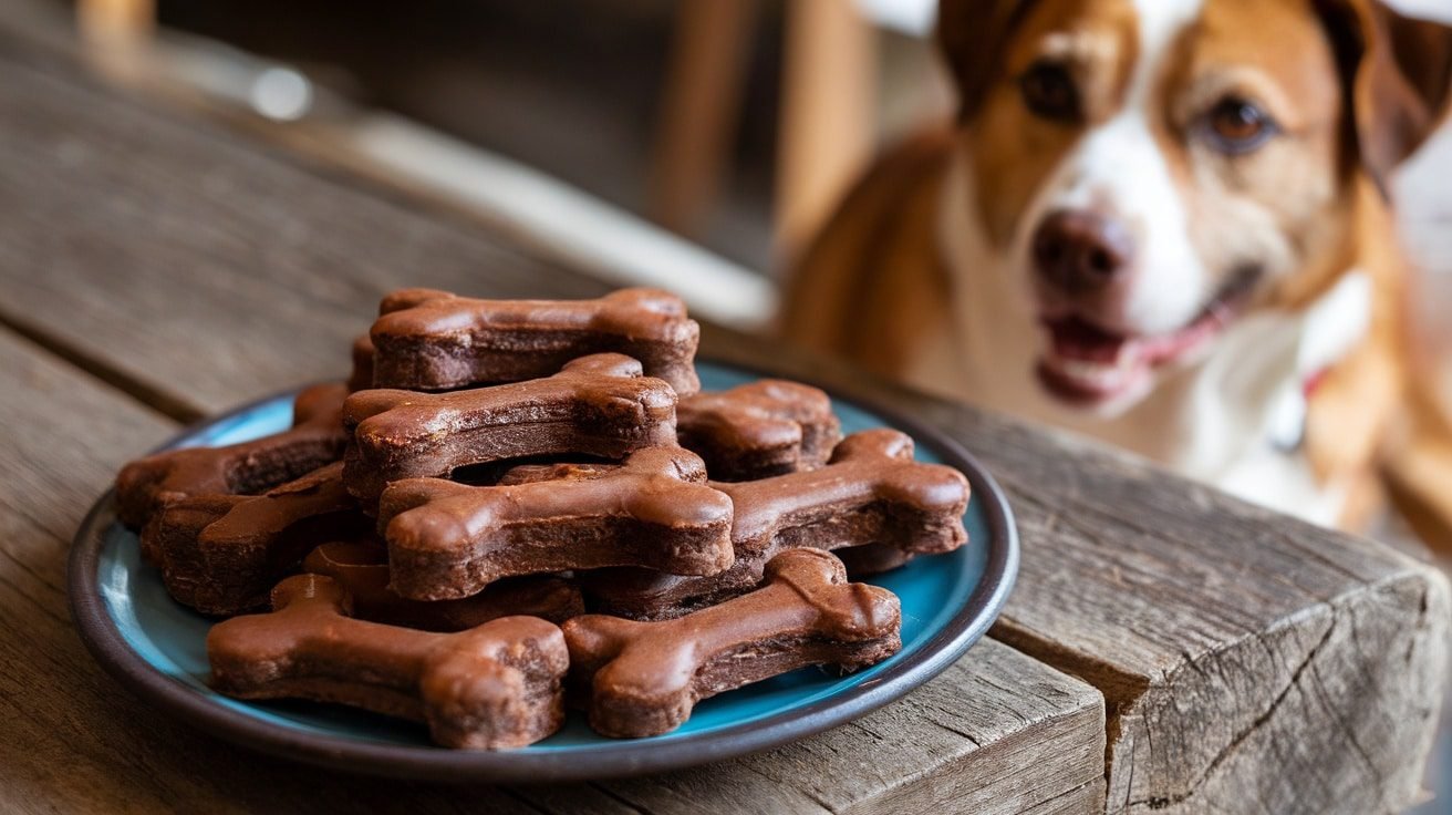 Freshly baked carob and banana dog treats on a plate with a happy dog in the background.