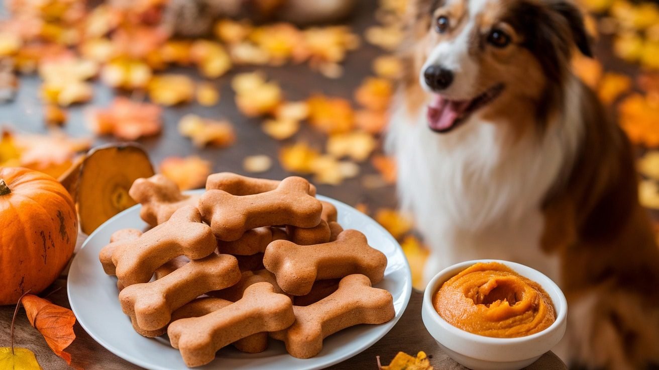 A plate of pumpkin and oat dog treats shaped like bones, with a happy dog in the background.