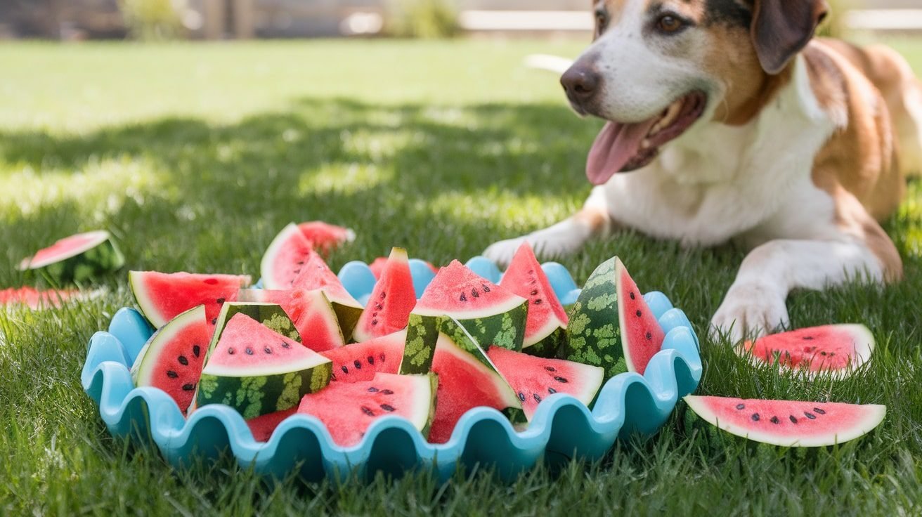 Frozen watermelon dog treats in cute molds, with a dog excitedly waiting to enjoy them.