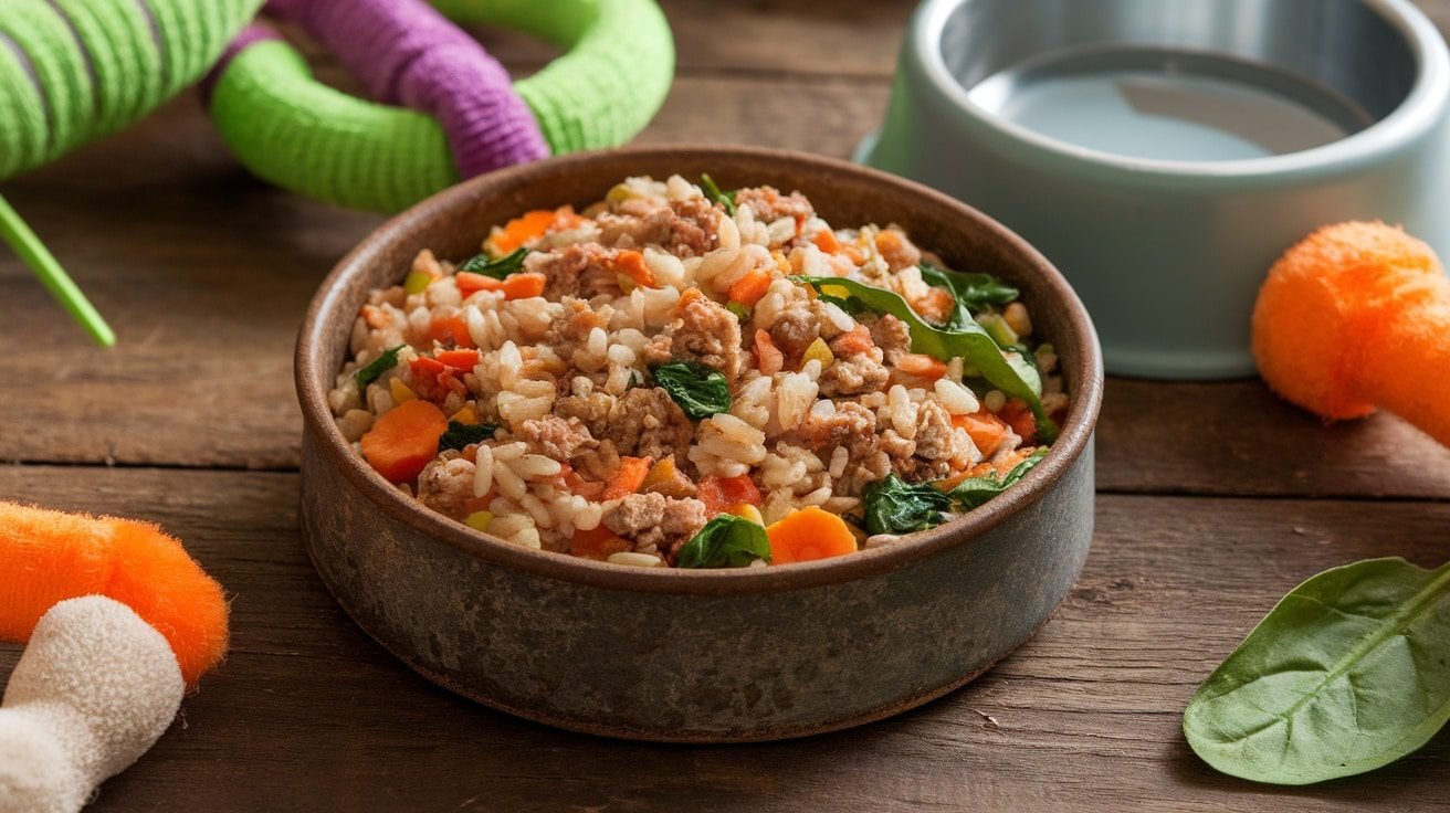 A hearty homemade dog food mix with turkey, rice, and veggies in a rustic bowl on a wooden table.