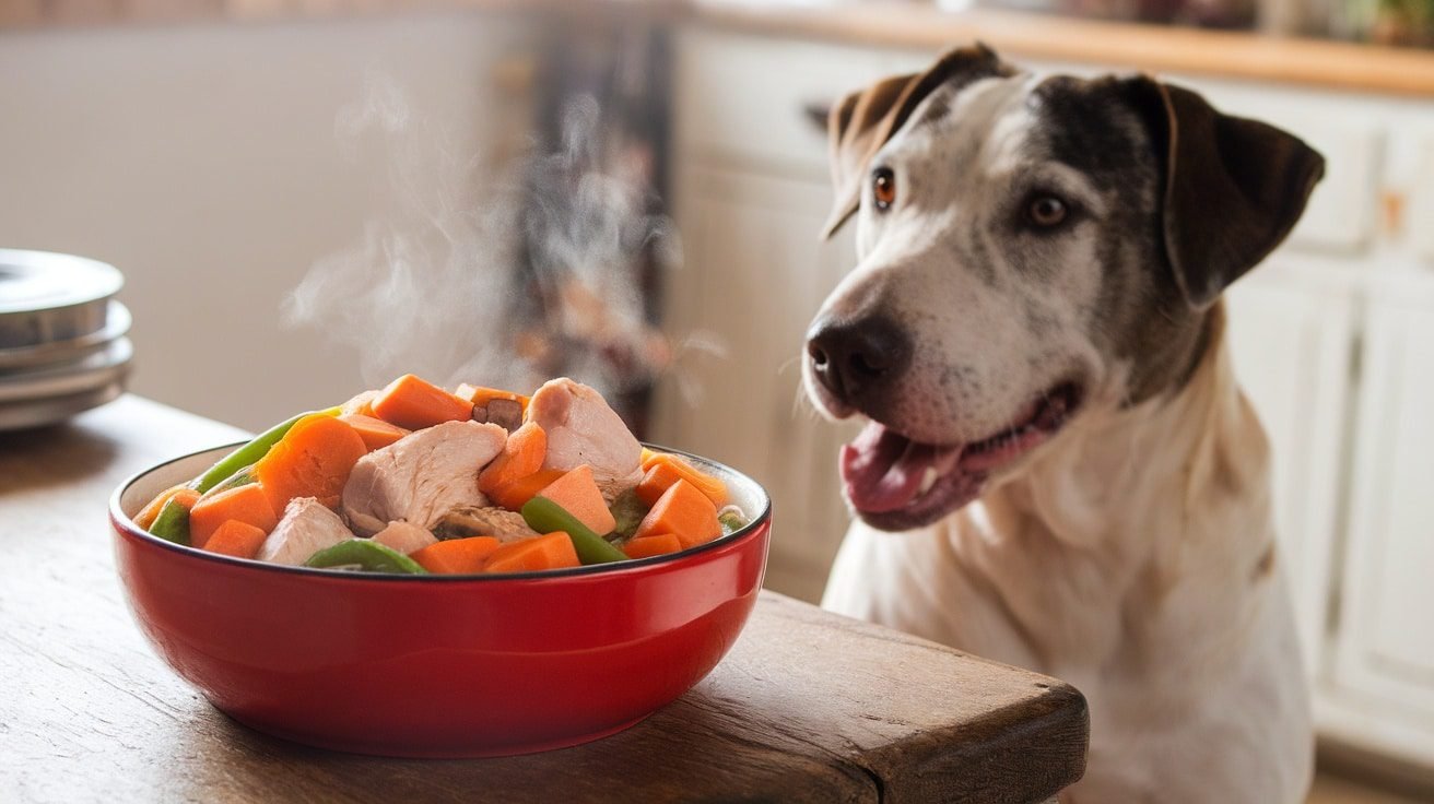 A steaming bowl of chicken and sweet potato stew for dogs, with chunks of veggies and a happy dog waiting for their meal.