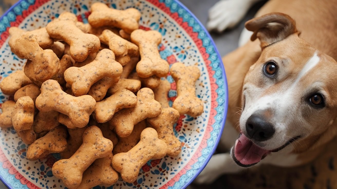 Homemade quinoa and chicken dog treats on a plate, with a happy dog in the background.
