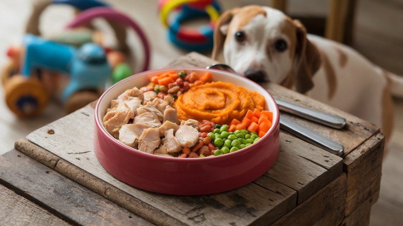 Nutritious homemade dog food featuring chicken, sweet potatoes, carrots, and peas in a bowl on a wooden table.