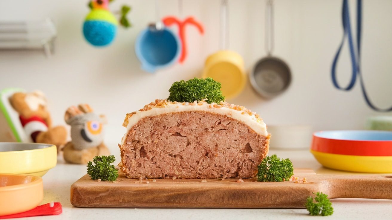 A slice of turkey meatloaf cake for dogs, garnished with parsley on a cutting board in a kitchen.