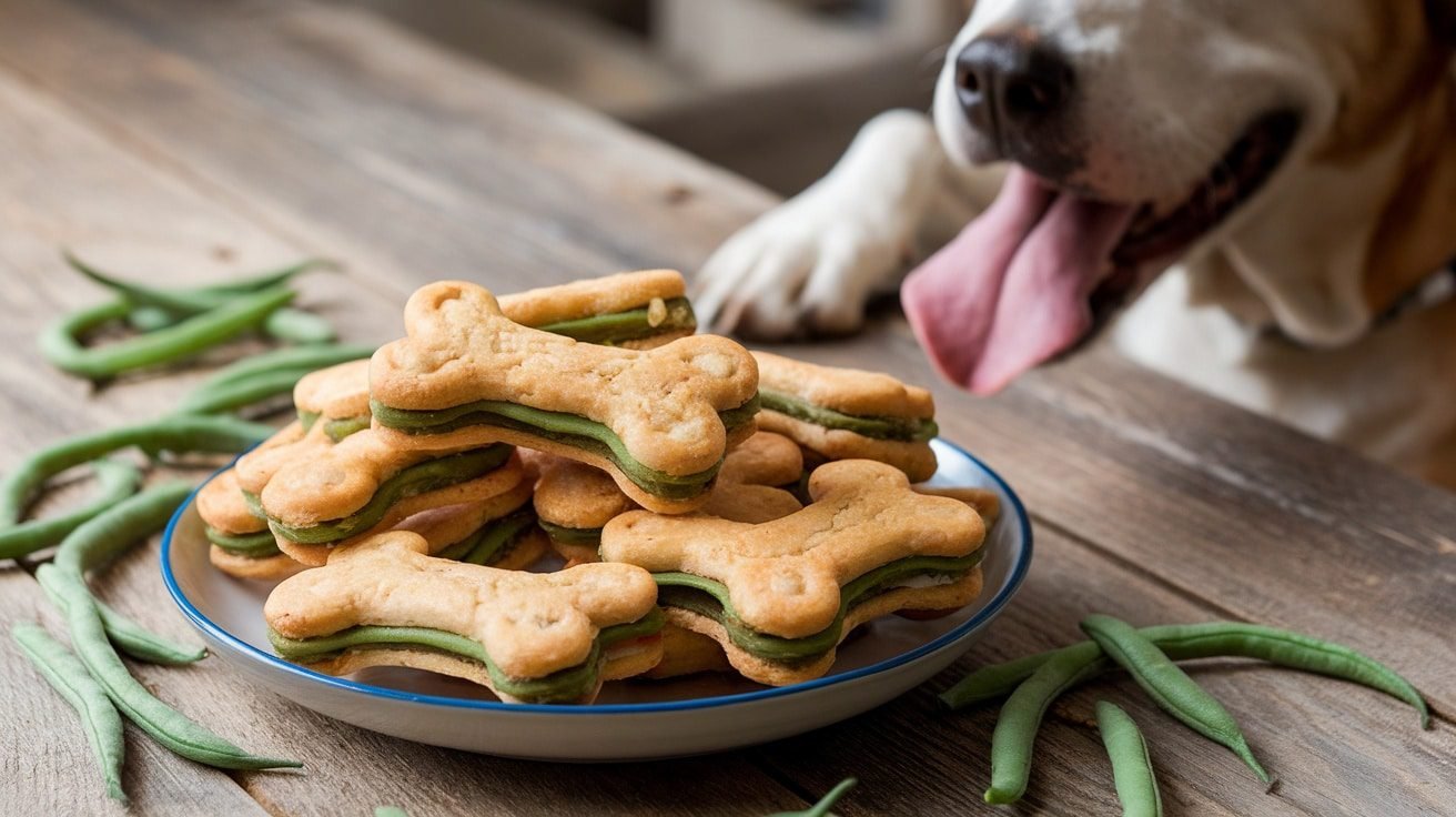 Homemade green bean and chicken dog treats on a plate, surrounded by green beans, with a dog in the background.