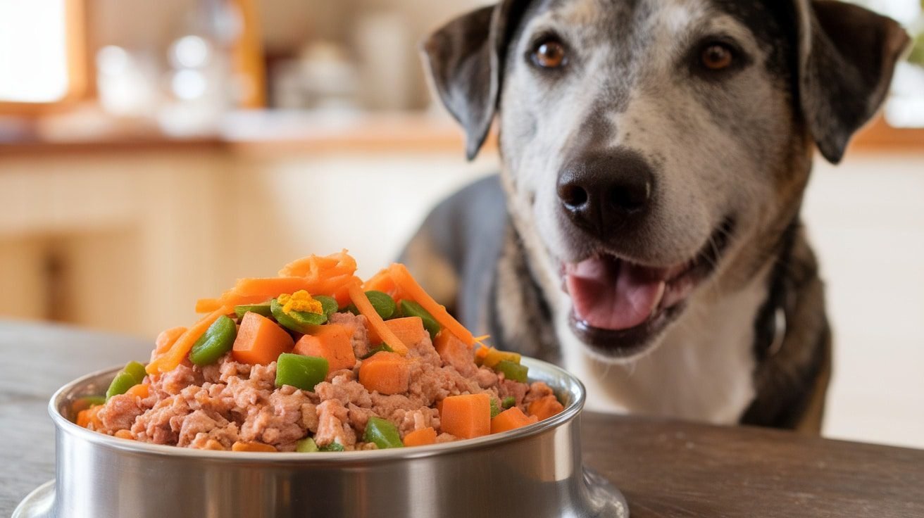 A nutritious bowl of homemade dog food with turkey, sweet potatoes, green beans, and carrots, ready for a senior dog.