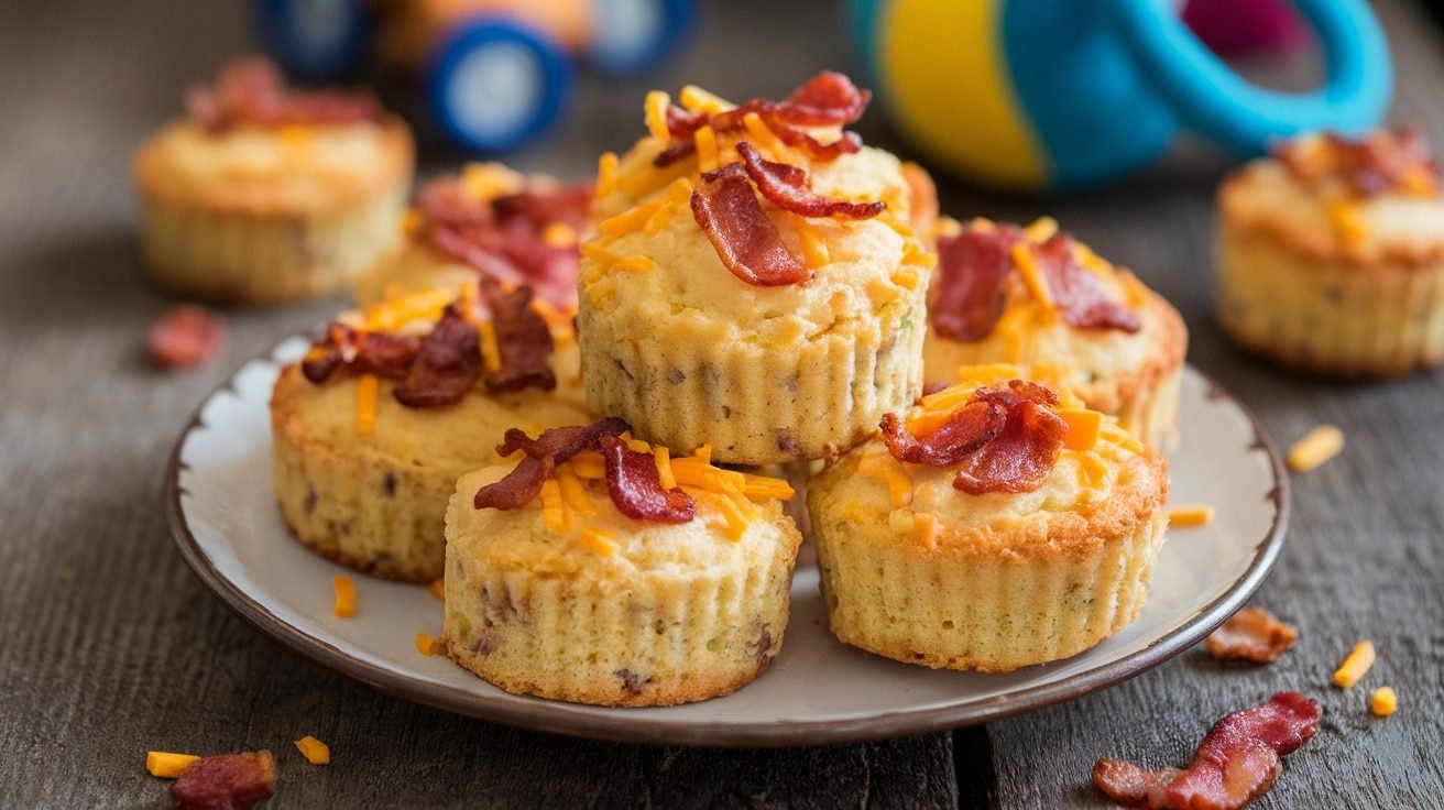 Delicious Bacon Cheddar Pupcakes for Your Furry Friend Homemade Bacon Cheddar Pupcakes for dogs on a wooden table, garnished with bacon and cheese.