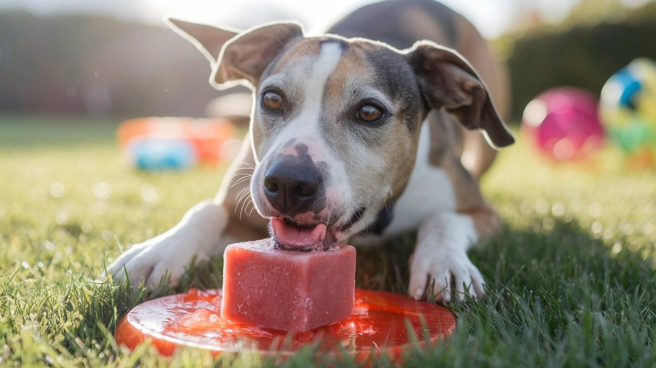 A happy dog enjoying a frozen beef broth ice cube treat in a sunny garden.