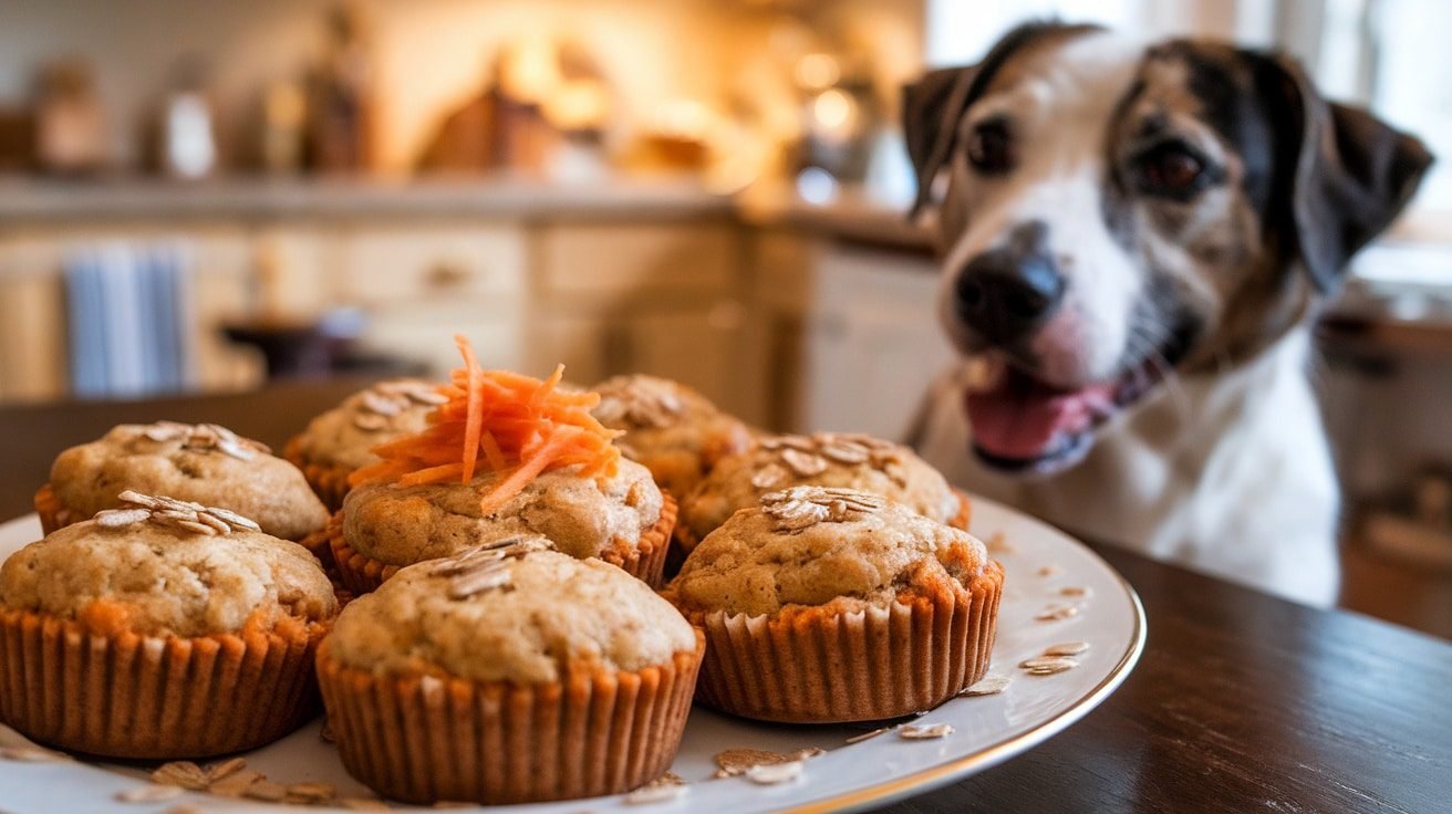 Delicious Carrot & Oat Pupcakes for Your Furry Friend A plate of homemade Carrot & Oat Pupcakes for dogs, garnished with oats and carrots, with a dog in the background.