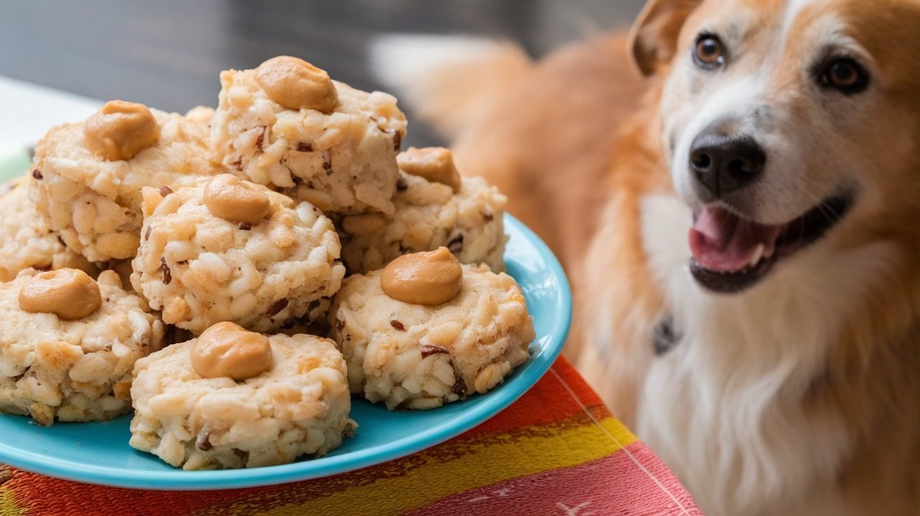 Delicious Chicken & Rice Pupcakes for Your Furry Friend A delightful assortment of Chicken & Rice Pupcakes for dogs, garnished with peanut butter, on a vibrant plate alongside a playful dog.