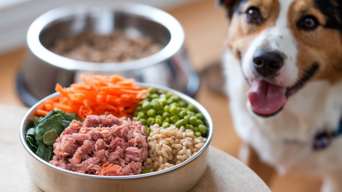 A colorful bowl of homemade dog food with turkey, rice, carrots, peas, and spinach, served for a dog.