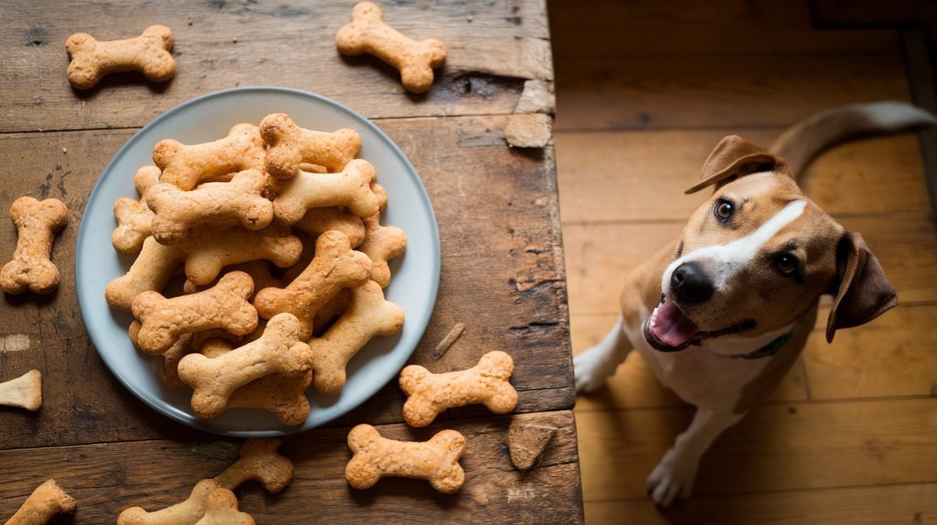 Homemade Peanut Butter and Egg Dog Treats shaped like bones on a rustic table, with a dog in the background.