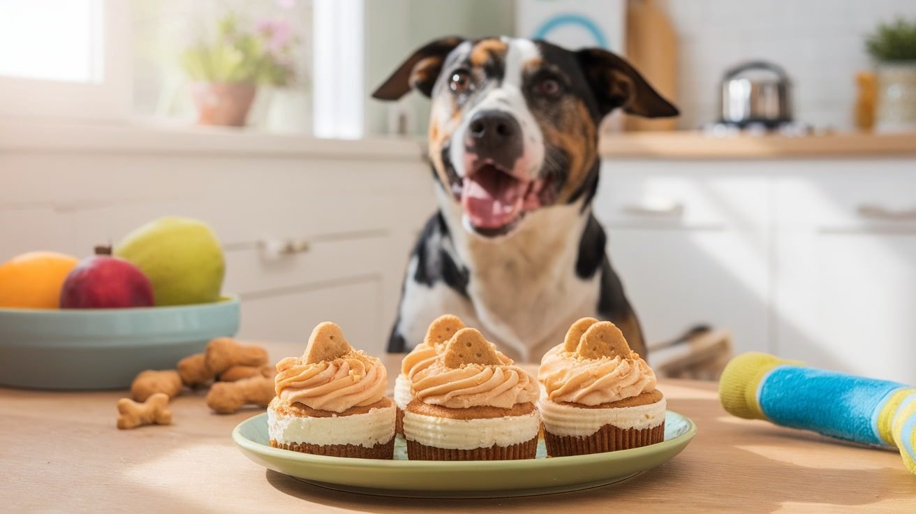 Delicious Cottage Cheese Pupcakes for Dogs A happy dog with Cottage Cheese Pupcakes on a plate, topped with frosting and dog biscuits.