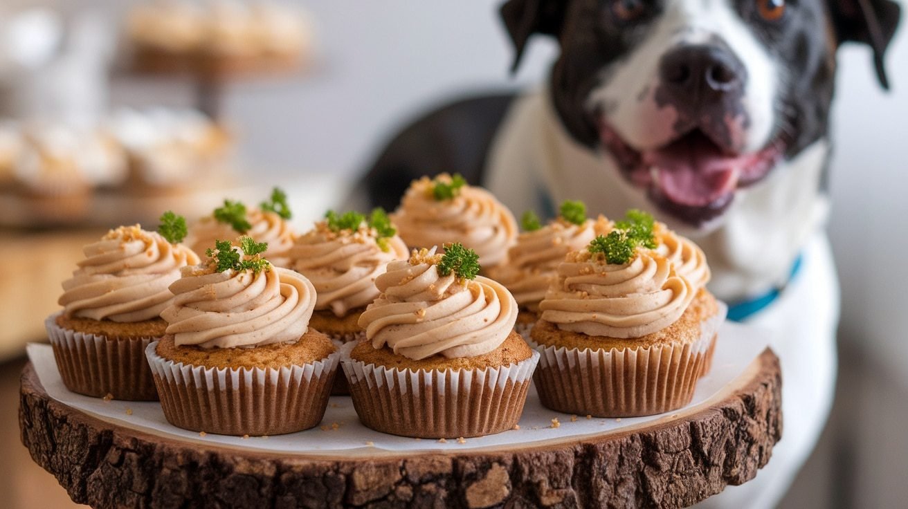 Turkey Dinner Pupcakes for dogs topped with peanut butter frosting, with a dog in the background.