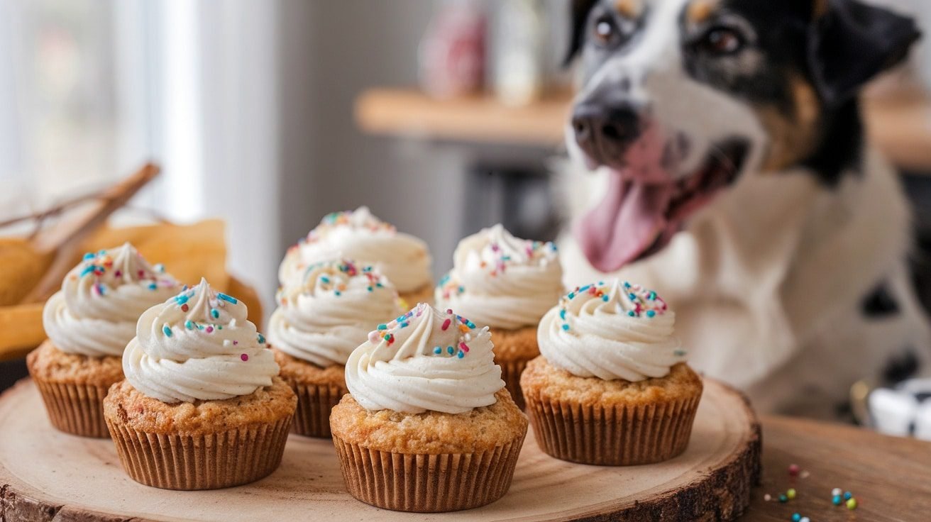 Delicious Yogurt Frosted Pupcakes for Dogs Yogurt Frosted Pupcakes for dogs decorated with yogurt frosting and sprinkles, with a happy dog in the background.