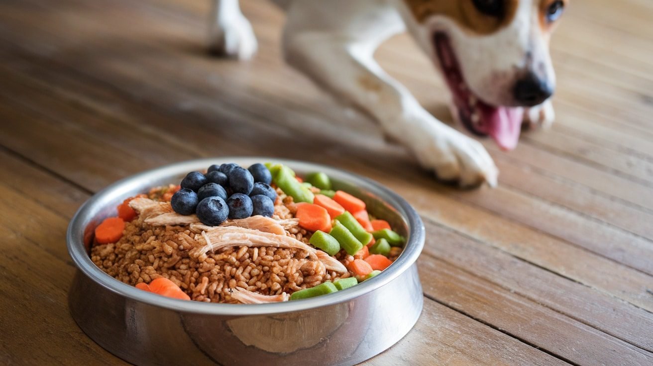 Nutritious dog food with rice, chicken, carrots, green beans, and blueberries in a bowl.